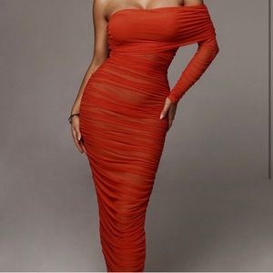 Orange One Sleeve Ruched Dress